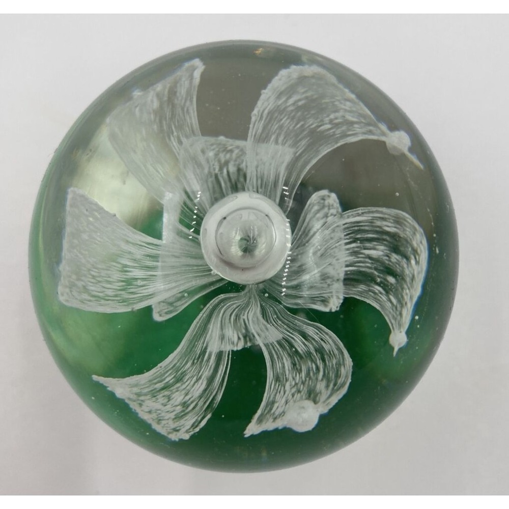 Art Glass Paperweight Green Trumpet Floral Sphere Controlled Bubbles